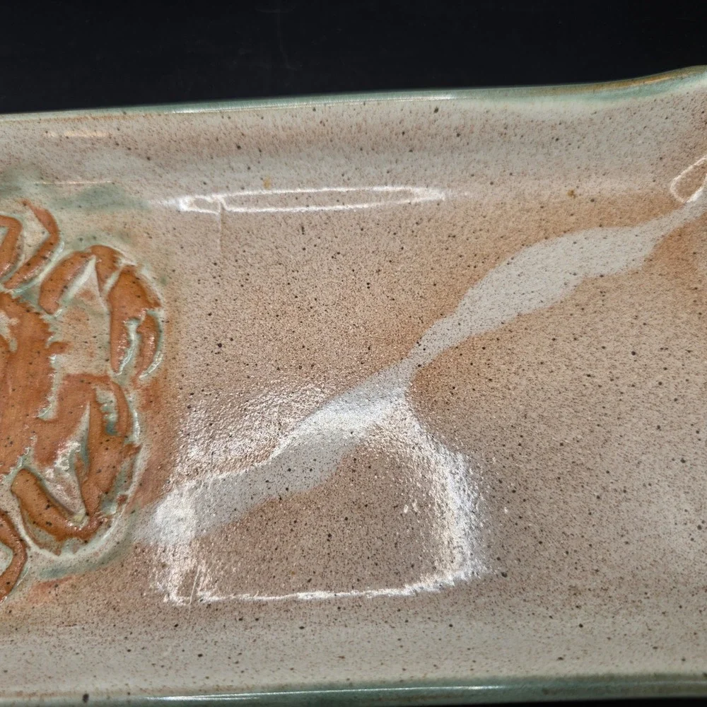 Hugh Wayne Signed Studio Pottery Crab Tray Rectangular Coastal Stoneware Platter